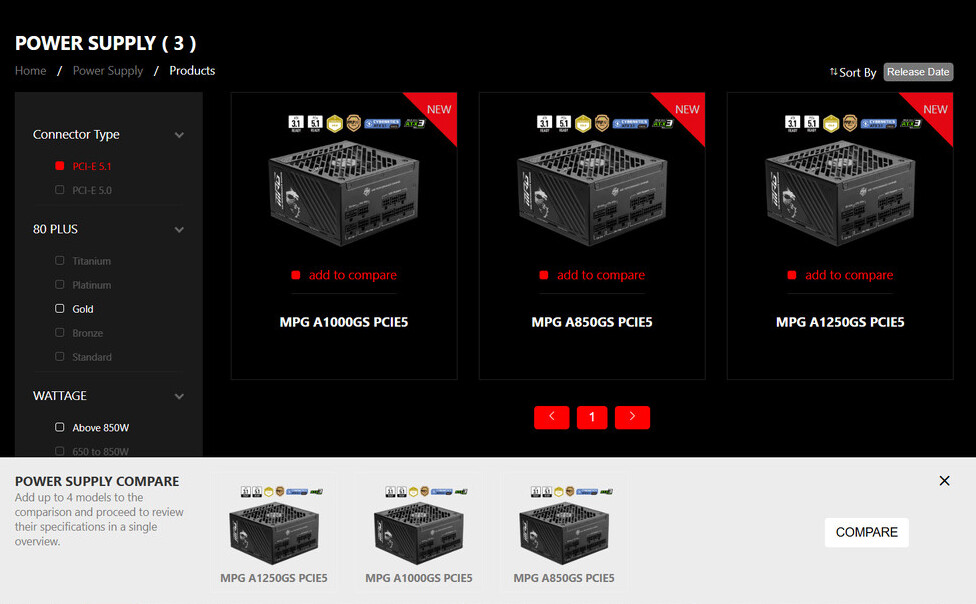 The MSI MPG A850GS PSU model was seen in a new product brochure, with the A-GS series boasting a 235% total power increase.
